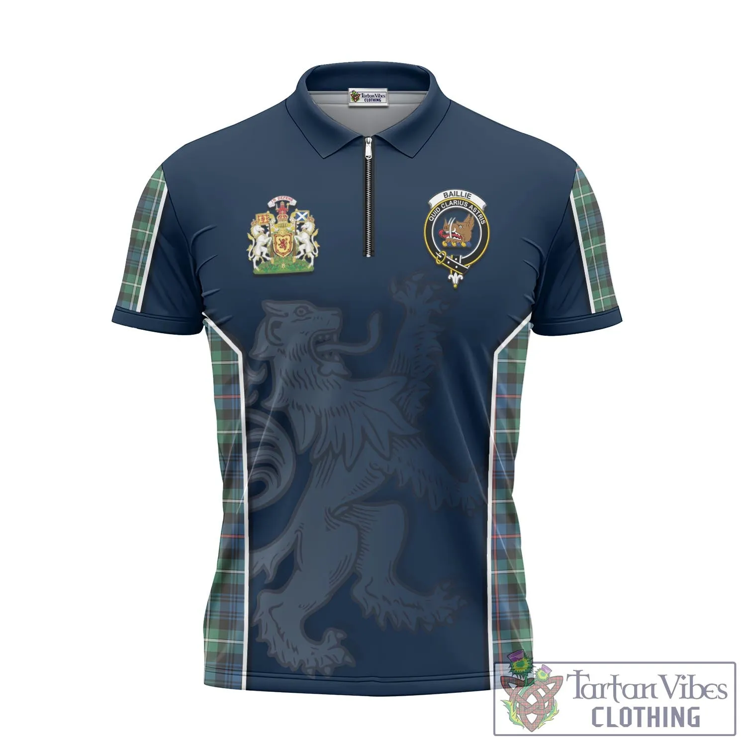 Baillie Ancient Tartan Zipper Polo Shirt with Family Crest and Lion Rampant Vibes Sport Style