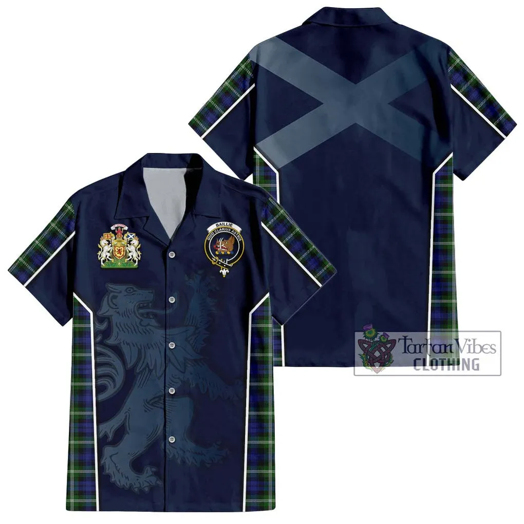 Baillie of Polkemmet Tartan Short Sleeve Button Shirt with Family Crest and Lion Rampant Vibes Sport Style