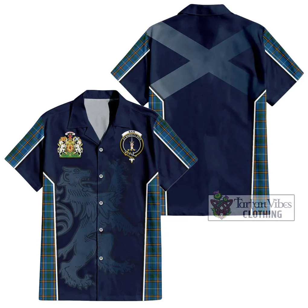 Bain Tartan Short Sleeve Button Shirt with Family Crest and Lion Rampant Vibes Sport Style