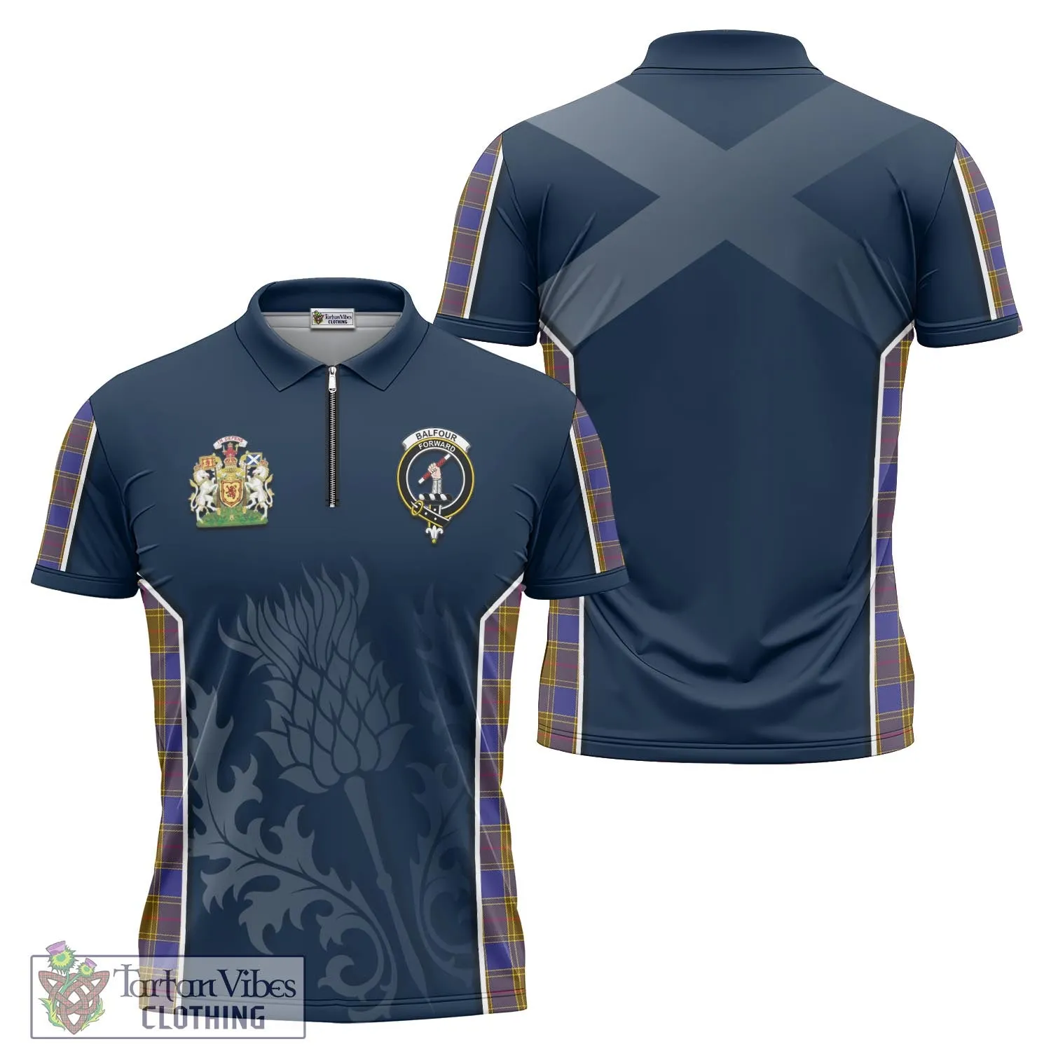 Balfour Tartan Zipper Polo Shirt with Family Crest and Scottish Thistle Vibes Sport Style