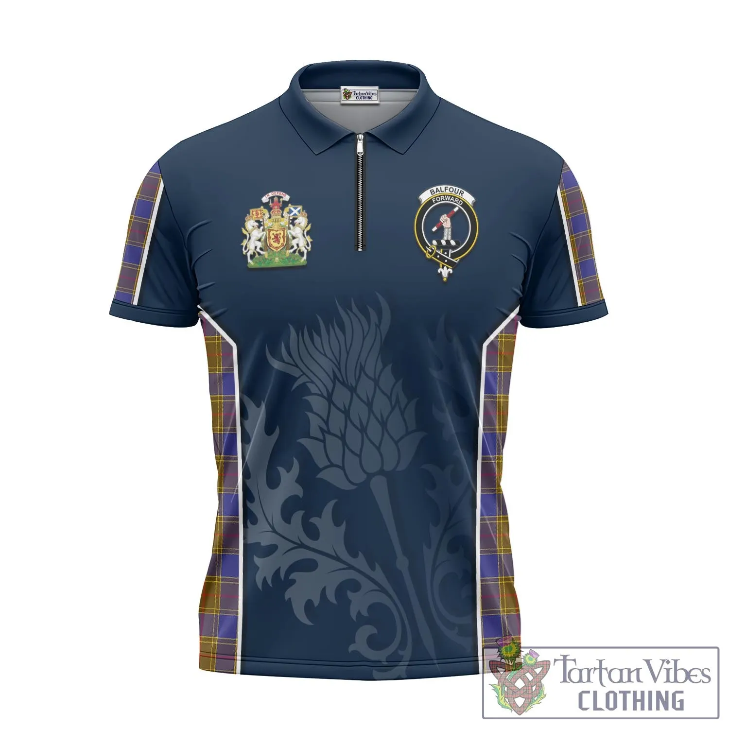 Balfour Tartan Zipper Polo Shirt with Family Crest and Scottish Thistle Vibes Sport Style