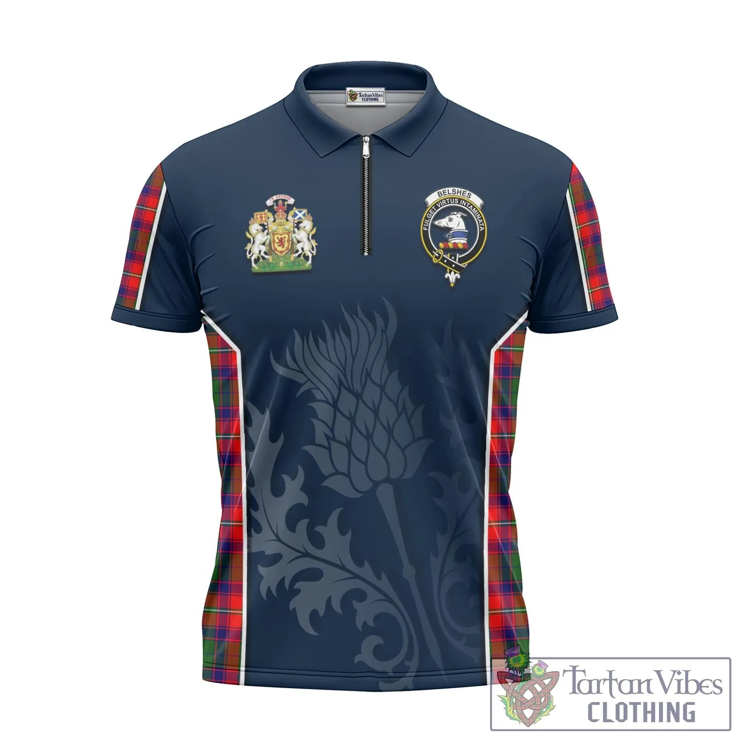 Belshes Tartan Zipper Polo Shirt with Family Crest and Scottish Thistle Vibes Sport Style