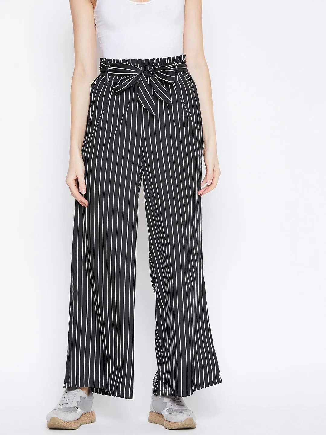 Berrylush Women Black & White Striped Pattern Waist Tie-Up Mid-Rise Trousers