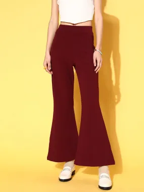 Berrylush Women Solid Maroon High-Rise Waist Slip-On Flared Regular Trousers