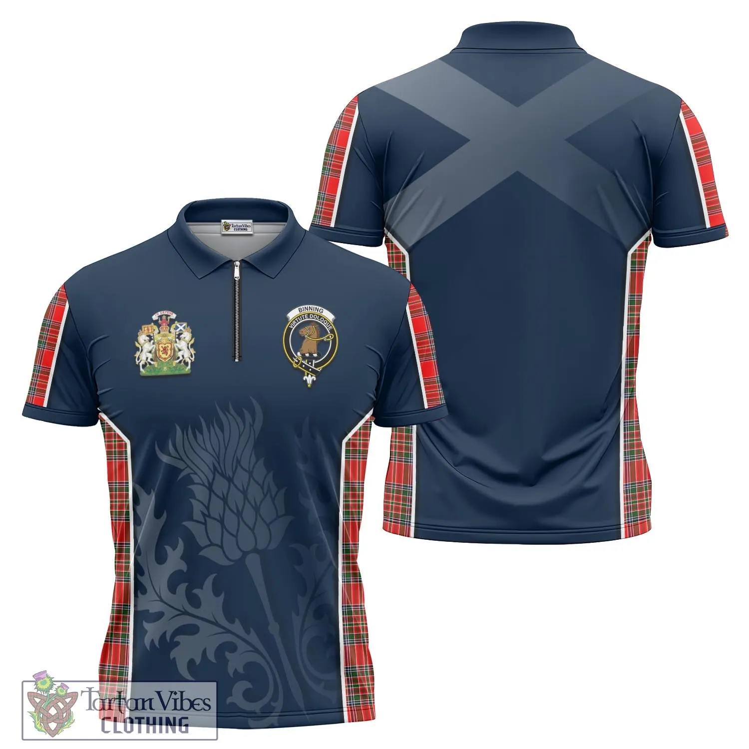 Binning Tartan Zipper Polo Shirt with Family Crest and Scottish Thistle Vibes Sport Style