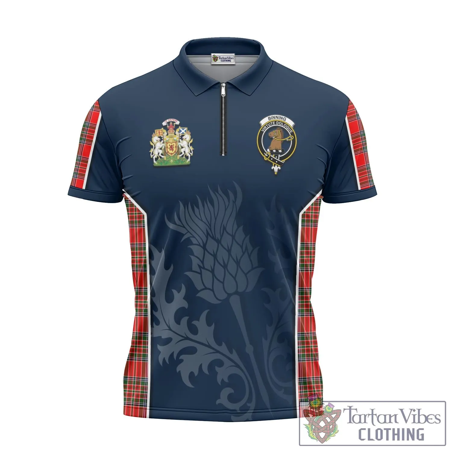 Binning Tartan Zipper Polo Shirt with Family Crest and Scottish Thistle Vibes Sport Style