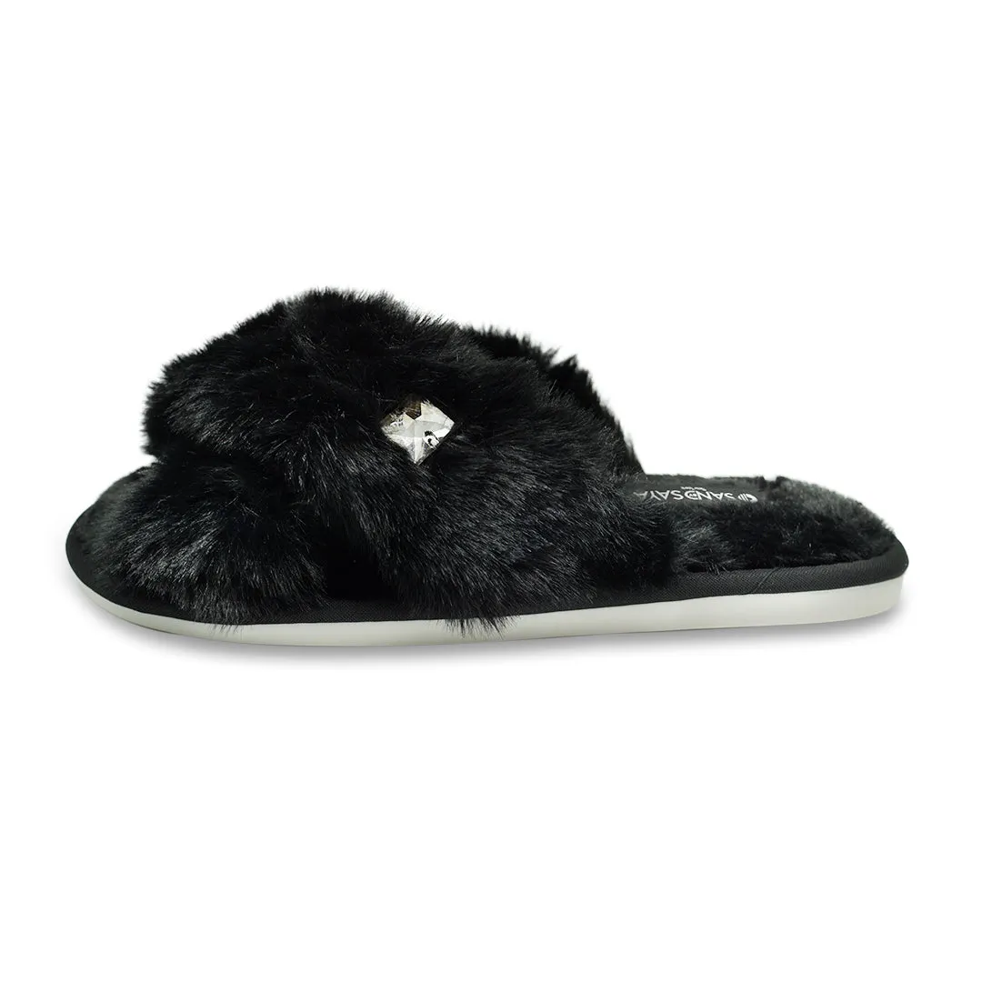 Black Fur Slippers - Studs Crystal Embellished Fluffy Womens Room Shoes