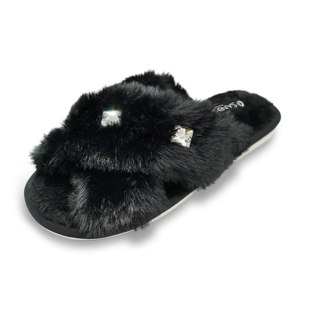 Black Fur Slippers - Studs Crystal Embellished Fluffy Womens Room Shoes