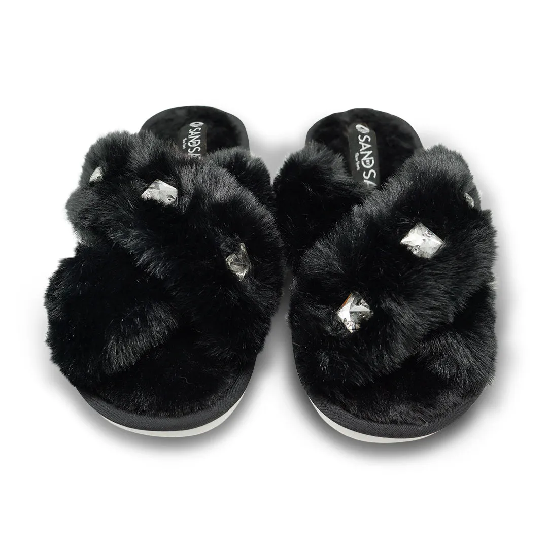 Black Fur Slippers - Studs Crystal Embellished Fluffy Womens Room Shoes