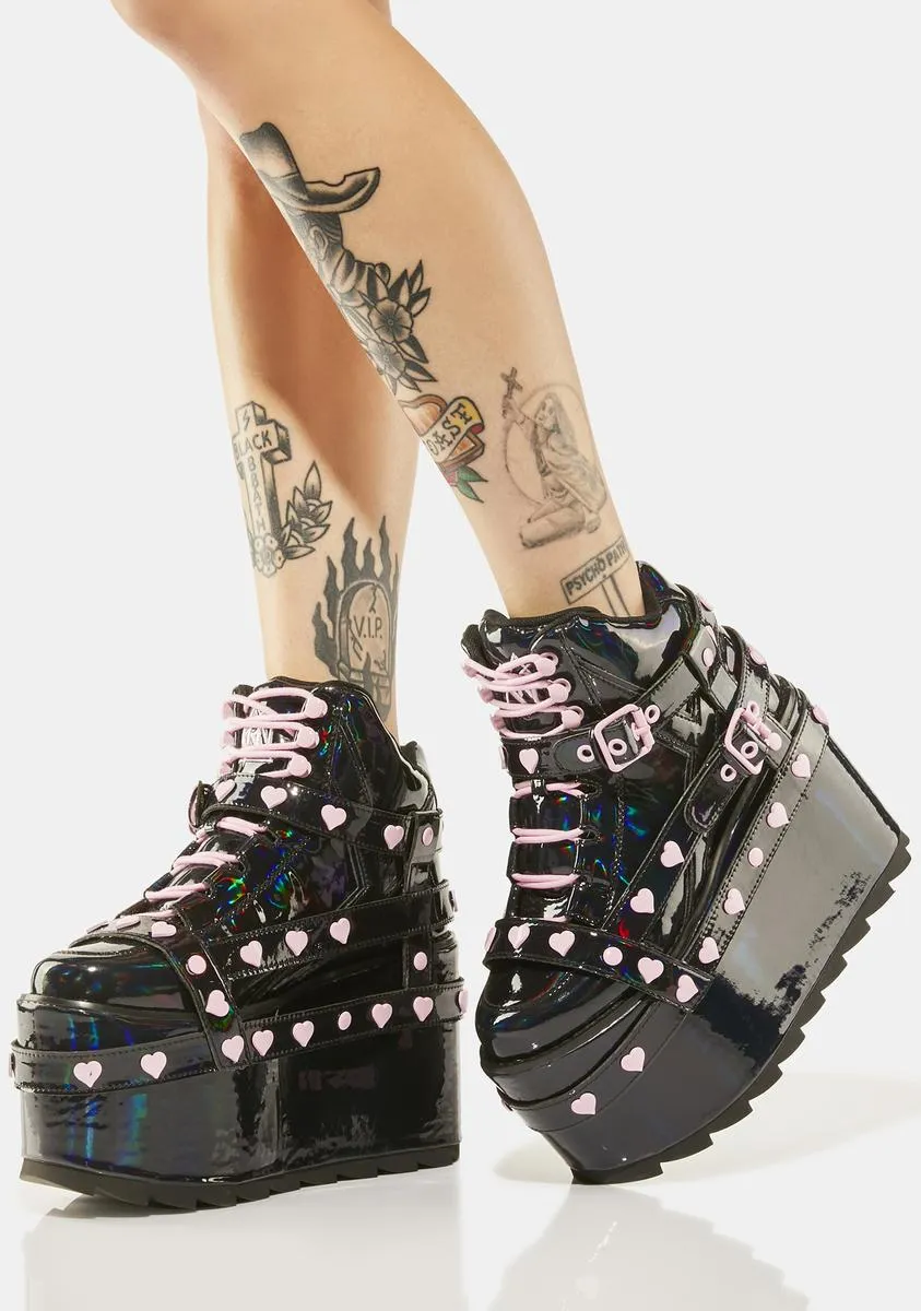 Black Holographic Qozmo Bondage Heart Platform Sneakers