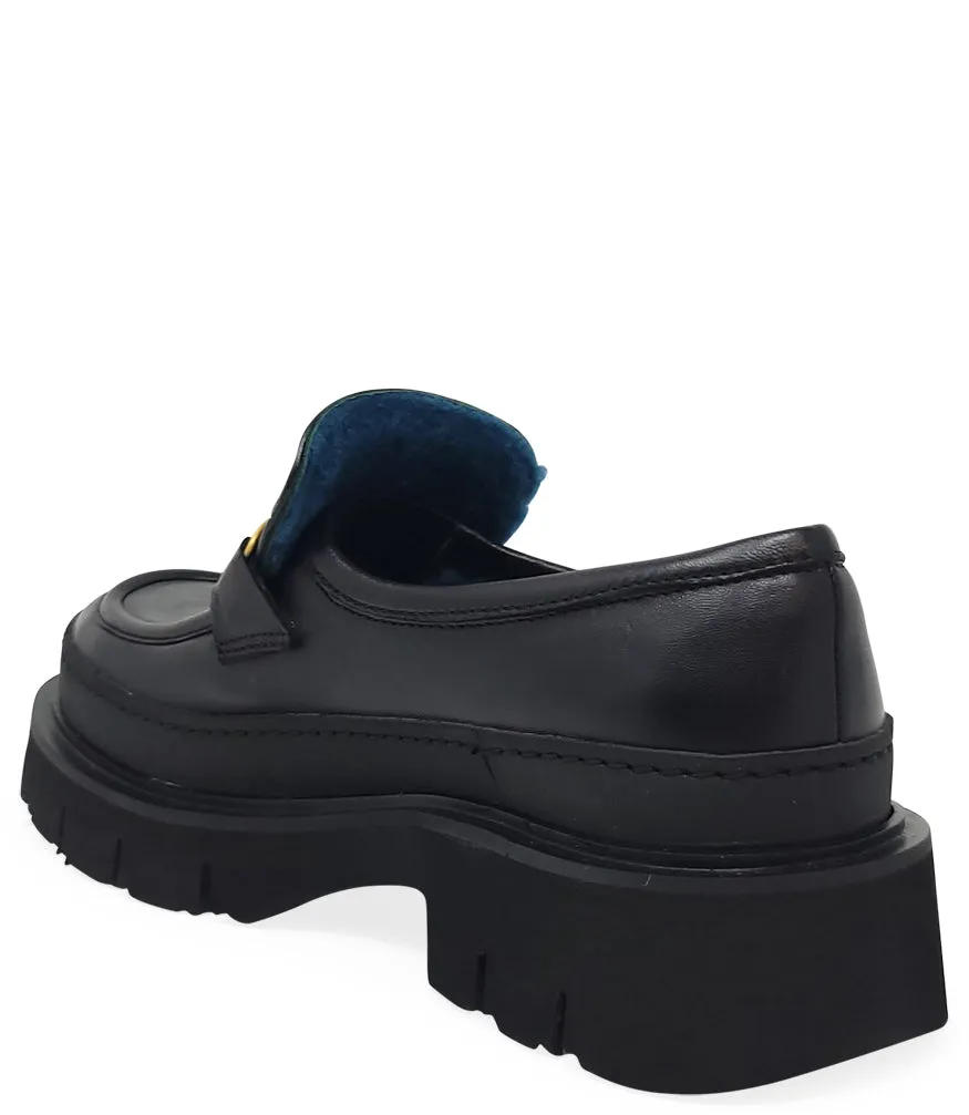 Black Leather Chunky Loafer With Shearling