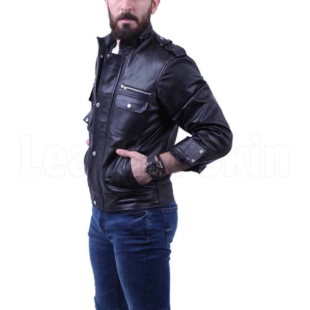 Black leather jacket with side pocket