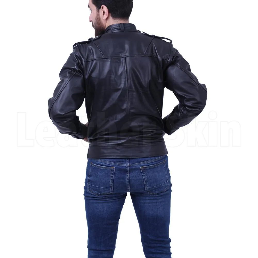 Black leather jacket with side pocket