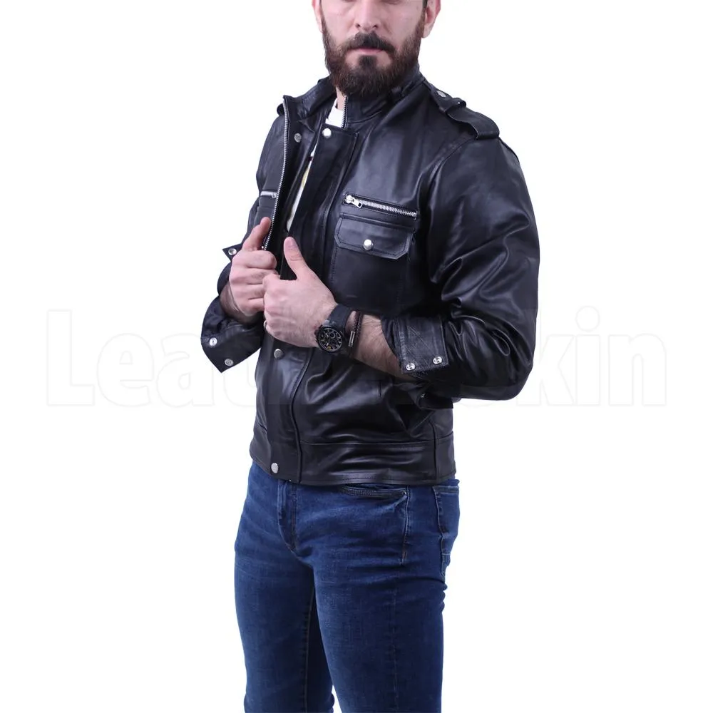 Black leather jacket with side pocket