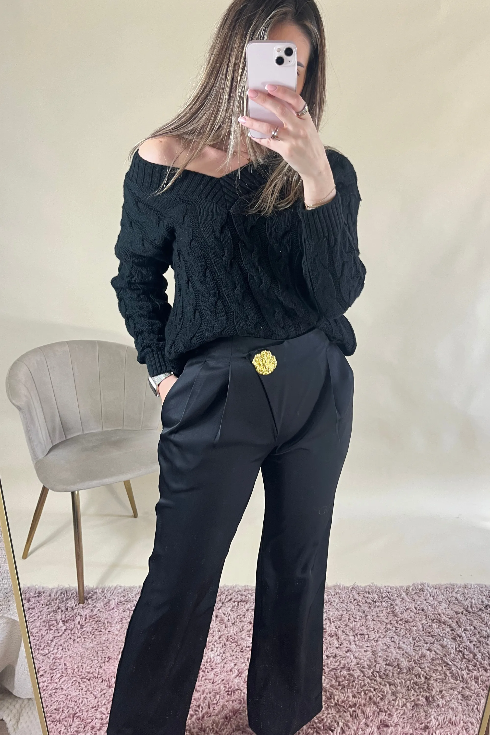 Black Tailored Trousers with Gold Feature Brooch