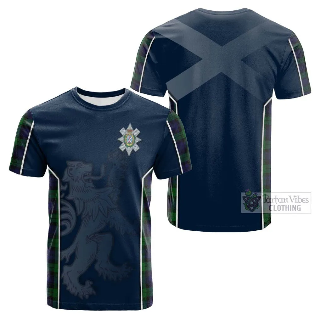 Black Watch Tartan Cotton T-shirt with Family Crest and Lion Rampant Vibes Sport Style