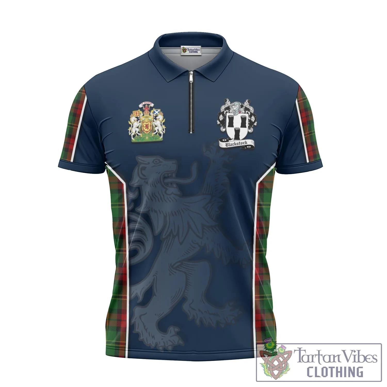 Blackstock Hunting Tartan Zipper Polo Shirt with Family Crest and Lion Rampant Vibes Sport Style