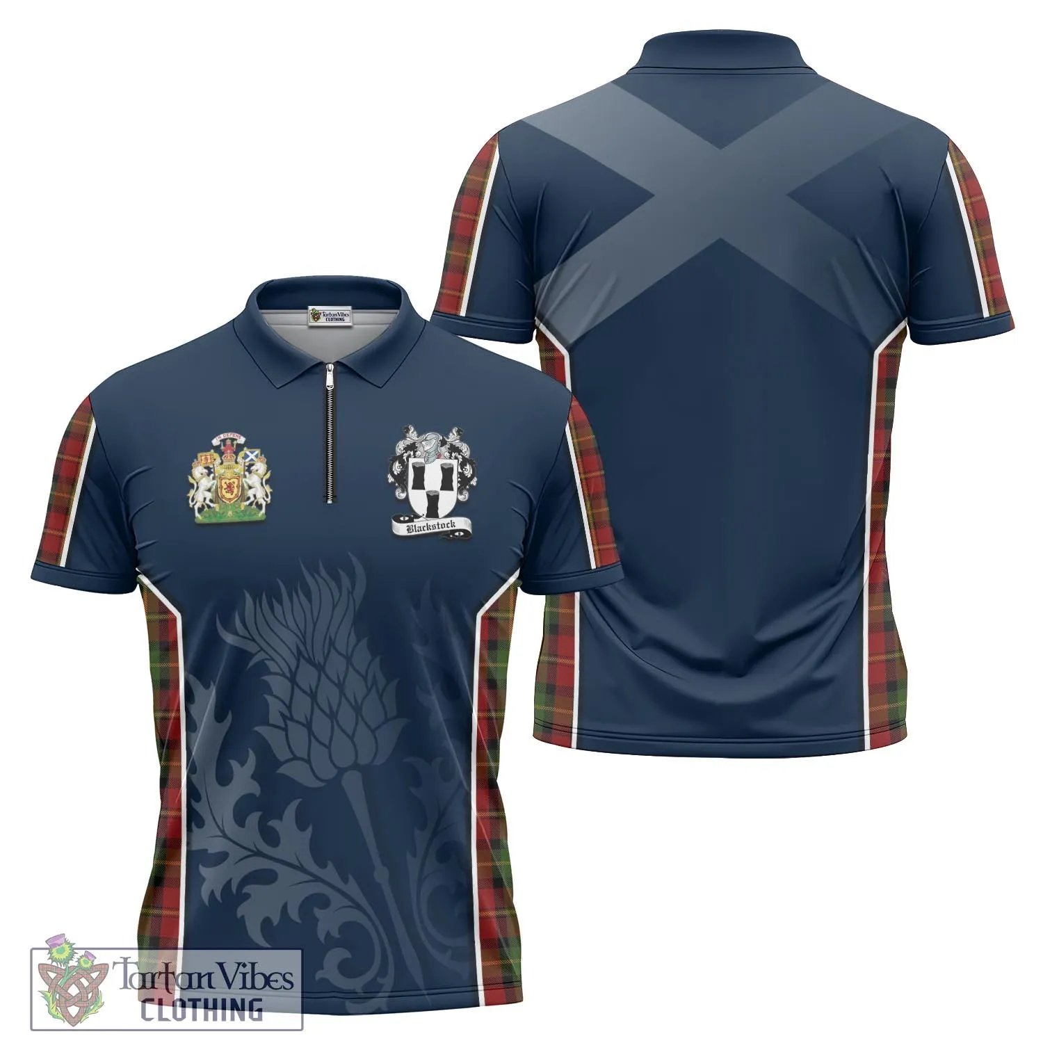 Blackstock Red Dress Tartan Zipper Polo Shirt with Family Crest and Scottish Thistle Vibes Sport Style