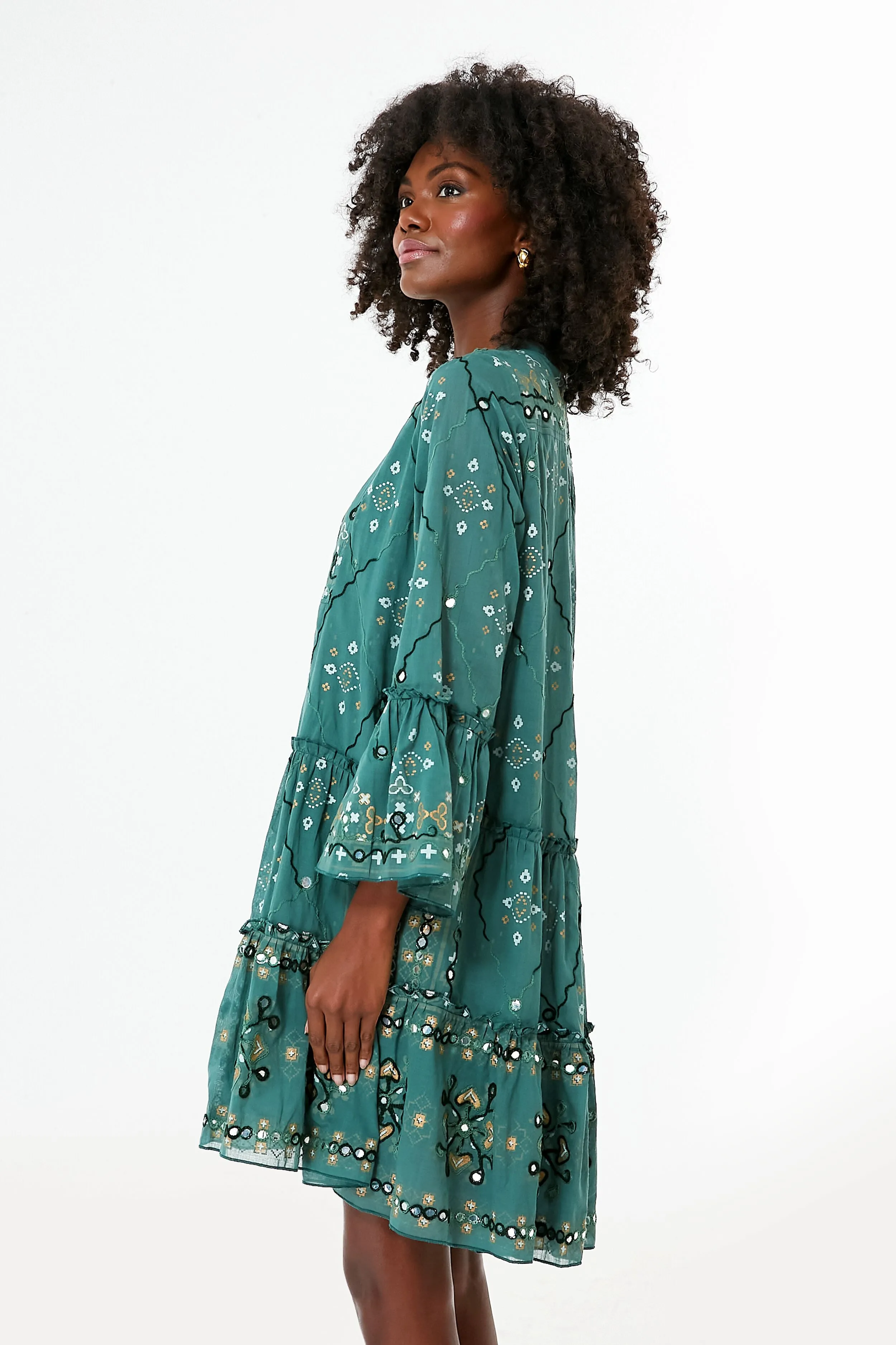 Bottle Green Mosaic Print Flared Sleeve Dress