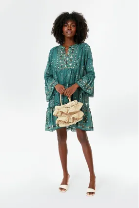 Bottle Green Mosaic Print Flared Sleeve Dress