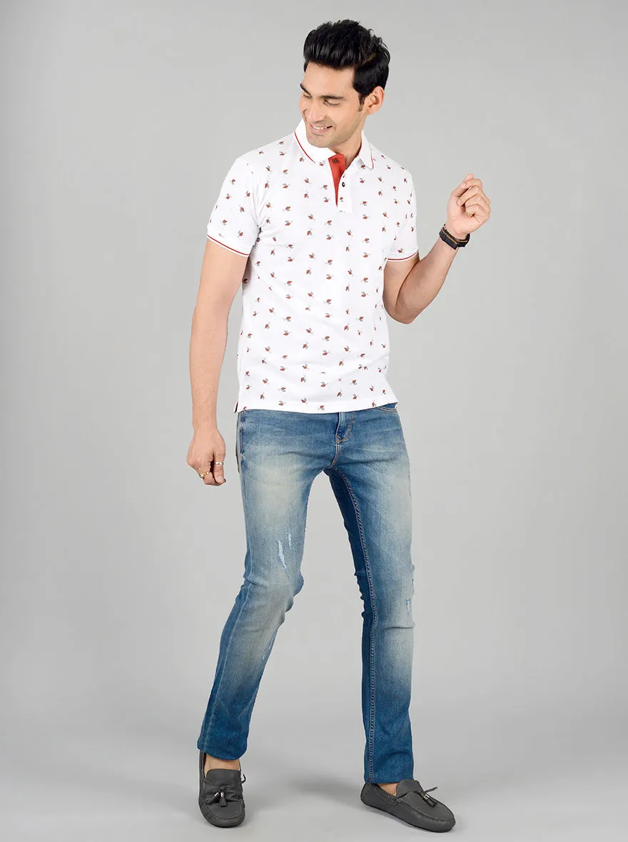 Bright White Printed Slim Fit Polo T-shirt | Greenfibre