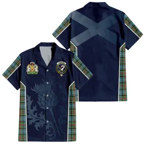 Brisbane Tartan Short Sleeve Button Up Shirt with Family Crest and Scottish Thistle Vibes Sport Style