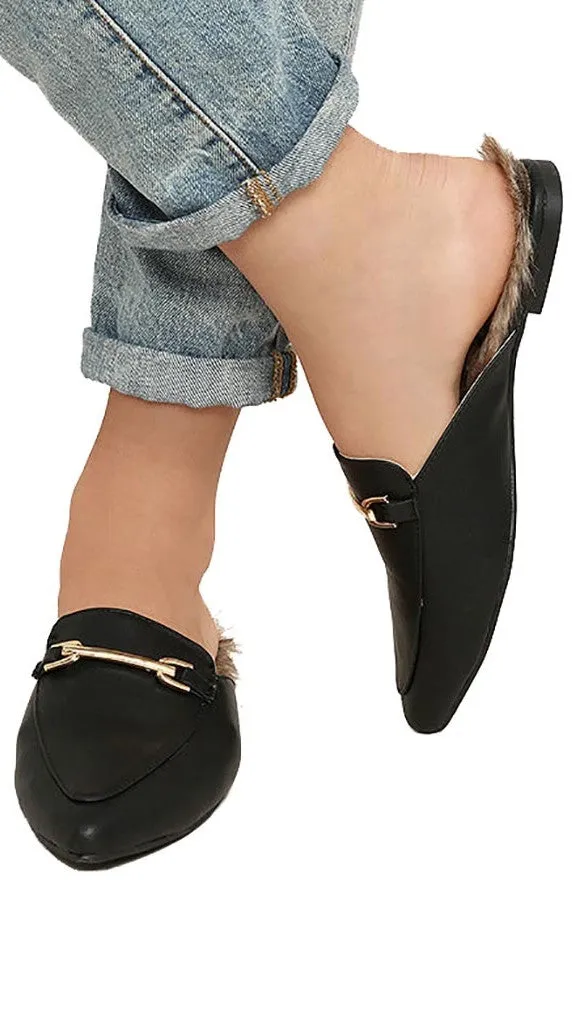 Brixy Black Faux Fur Loafer Slides