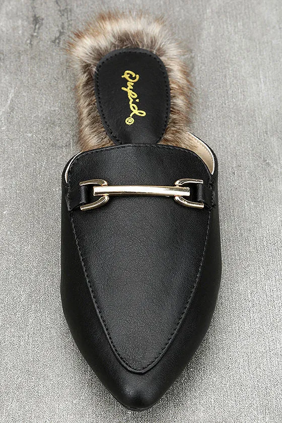 Brixy Black Faux Fur Loafer Slides