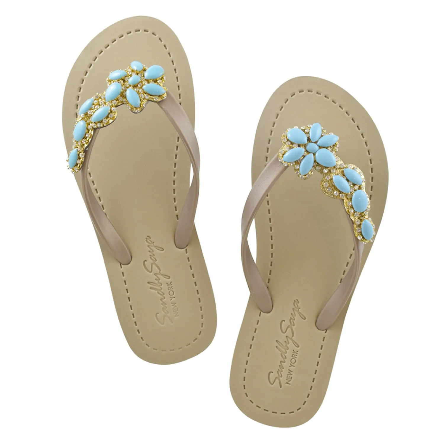 Brooklyn Turquoise Blue Flower - Crystal Rhine Stone Embellished Women's Flat Flip Flops Sandal