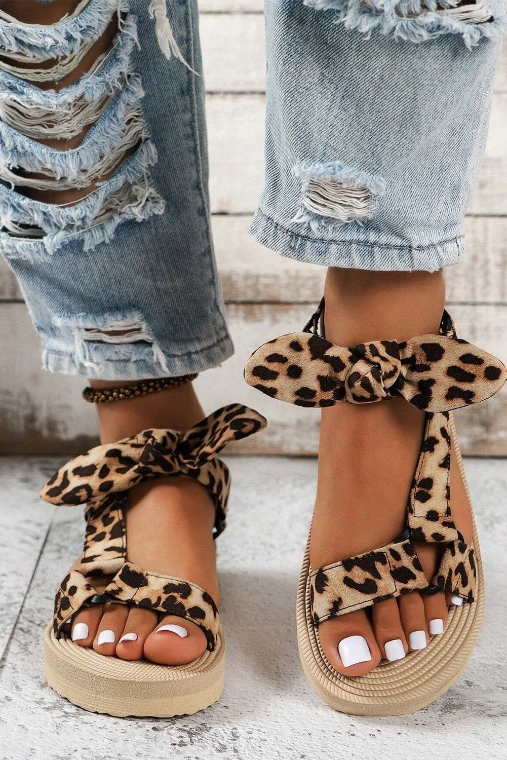 Brown Leopard Pattern Bow Decor Thick Sole Sandals