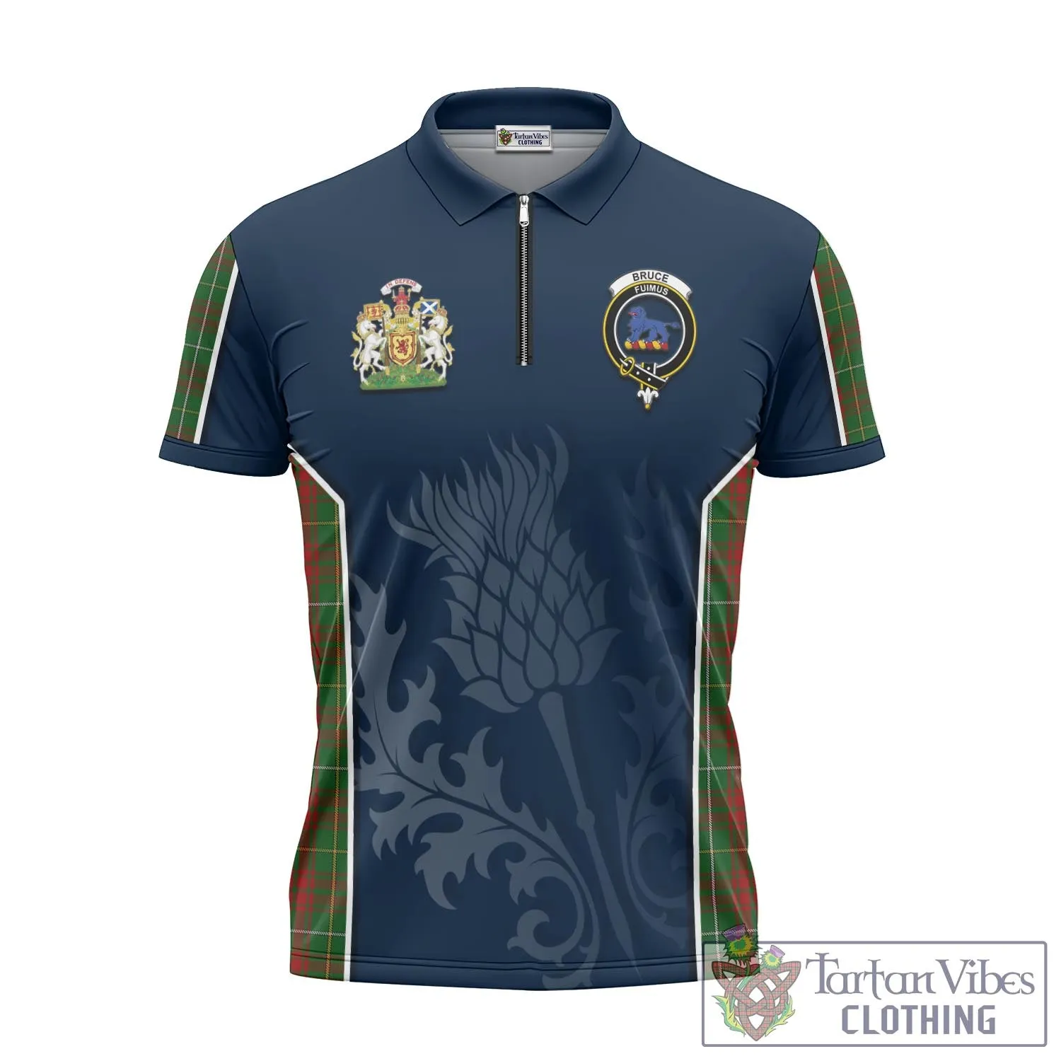 Bruce Hunting Tartan Zipper Polo Shirt with Family Crest and Scottish Thistle Vibes Sport Style