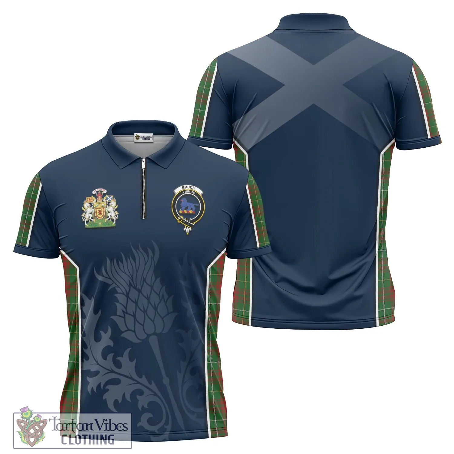 Bruce Hunting Tartan Zipper Polo Shirt with Family Crest and Scottish Thistle Vibes Sport Style