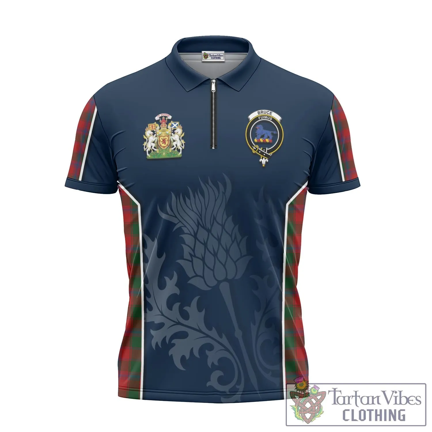 Bruce Old Tartan Zipper Polo Shirt with Family Crest and Scottish Thistle Vibes Sport Style