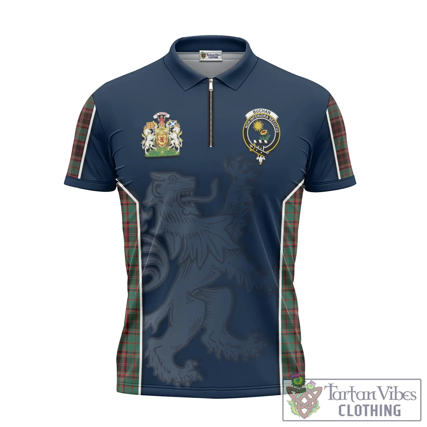 Buchan Ancient Tartan Zipper Polo Shirt with Family Crest and Lion Rampant Vibes Sport Style