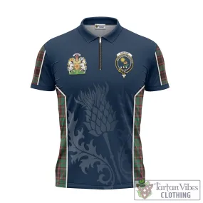 Buchan Ancient Tartan Zipper Polo Shirt with Family Crest and Scottish Thistle Vibes Sport Style