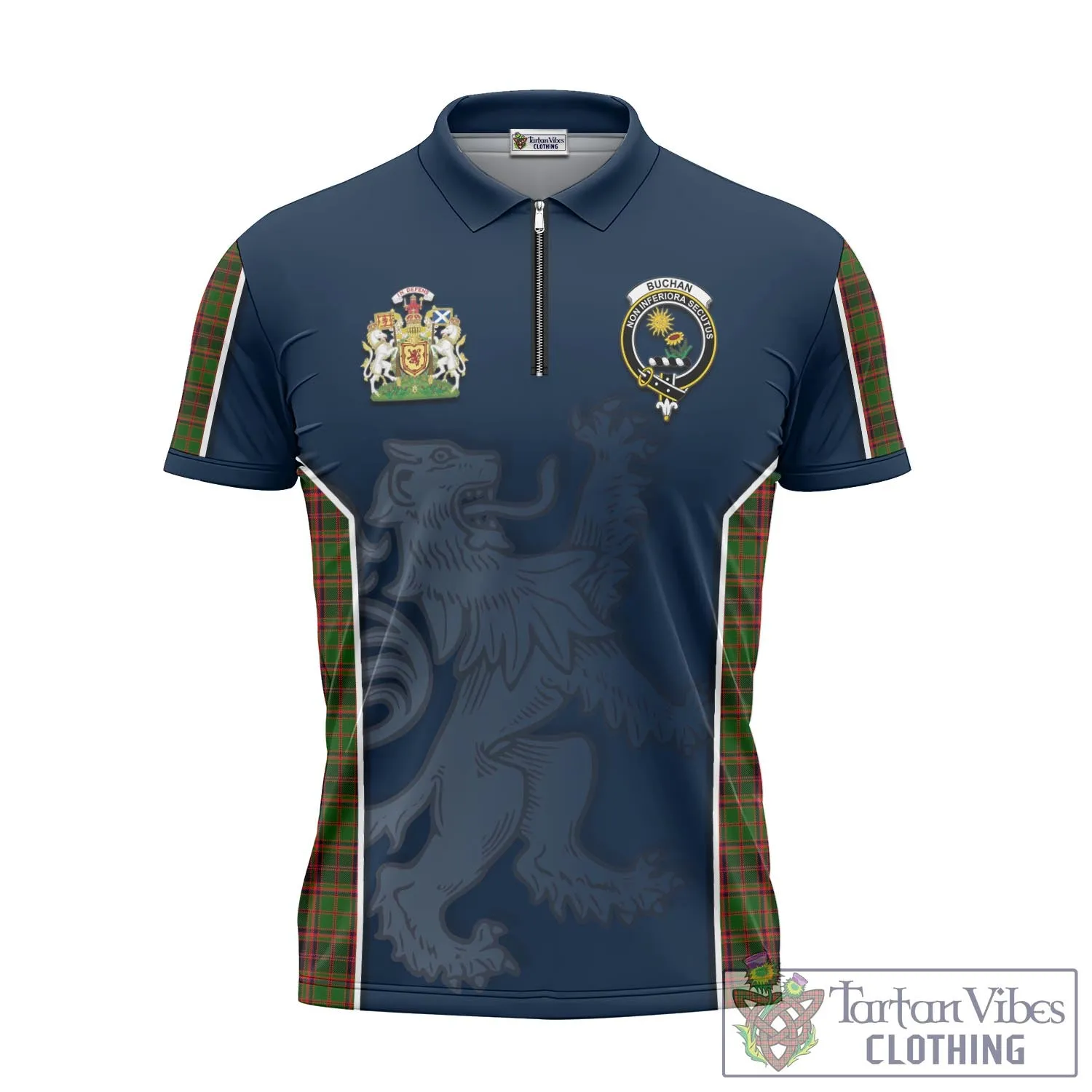 Buchan Tartan Zipper Polo Shirt with Family Crest and Lion Rampant Vibes Sport Style