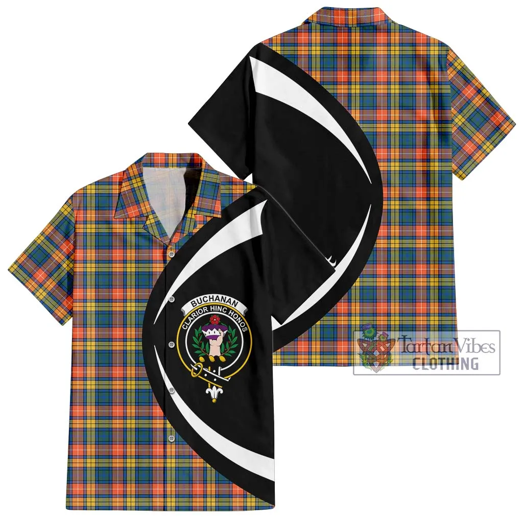 Buchanan Ancient Tartan Short Sleeve Button Up with Family Crest Circle Style