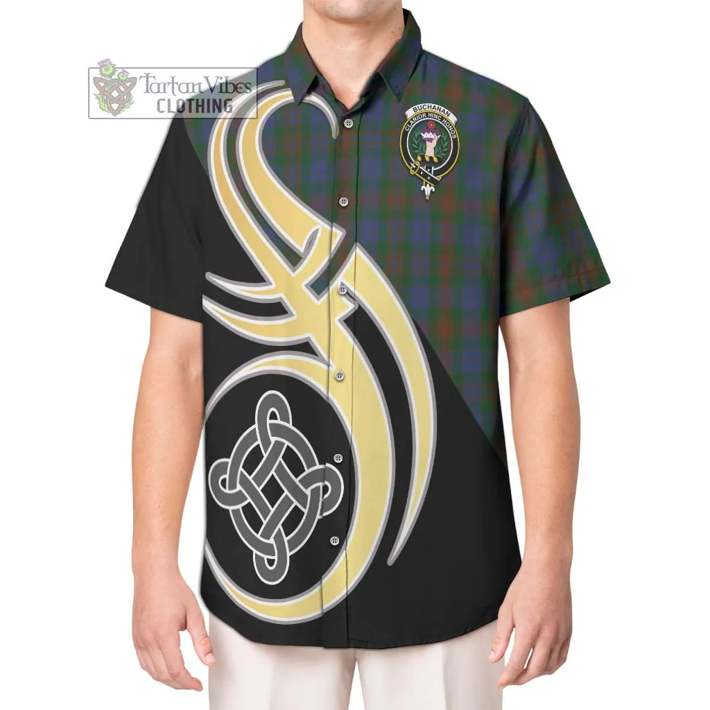 Buchanan Hunting Tartan Short Sleeve Button Shirt with Family Crest and Celtic Symbol Style