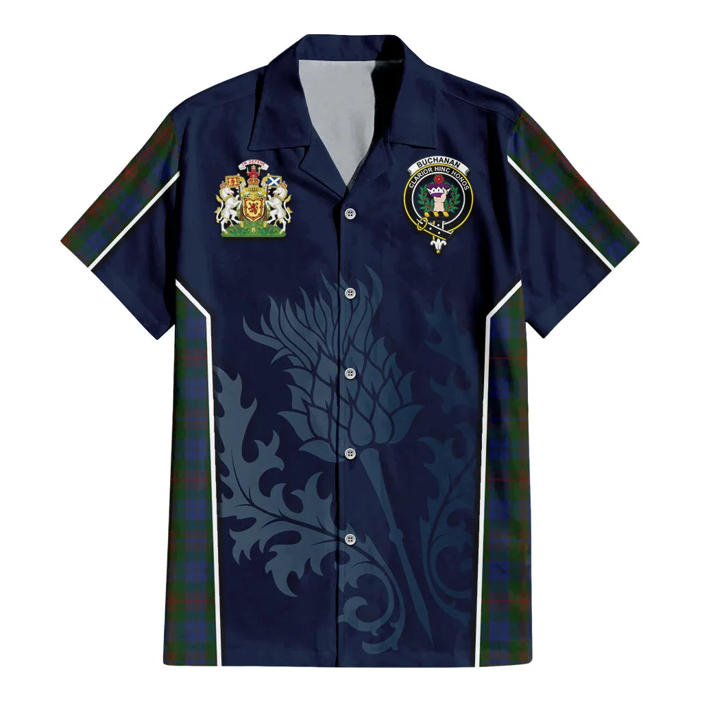 Buchanan Hunting Tartan Short Sleeve Button Up Shirt with Family Crest and Scottish Thistle Vibes Sport Style