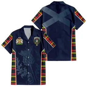 Buchanan Modern Tartan Short Sleeve Button Up Shirt with Family Crest and Scottish Thistle Vibes Sport Style