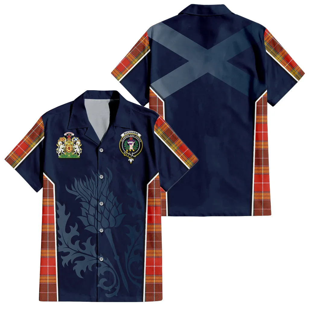 Buchanan Old Set Weathered Tartan Short Sleeve Button Up Shirt with Family Crest and Scottish Thistle Vibes Sport Style