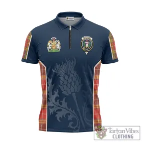 Buchanan Old Set Weathered Tartan Zipper Polo Shirt with Family Crest and Scottish Thistle Vibes Sport Style