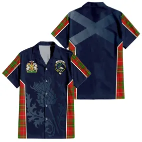 Burnett Tartan Short Sleeve Button Up Shirt with Family Crest and Scottish Thistle Vibes Sport Style