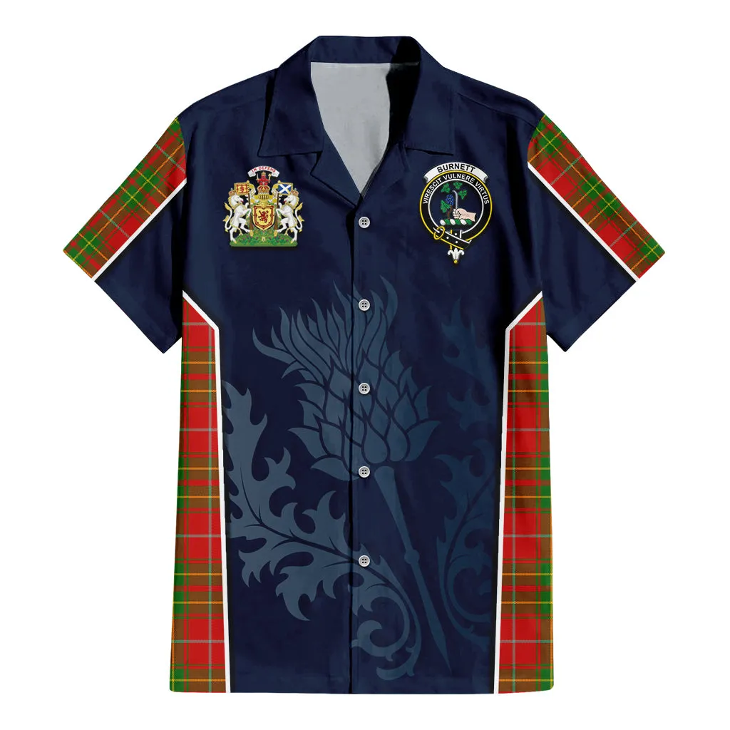 Burnett Tartan Short Sleeve Button Up Shirt with Family Crest and Scottish Thistle Vibes Sport Style