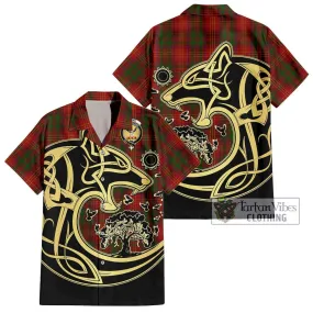 Burns Tartan Short Sleeve Button Shirt with Family Crest Celtic Wolf Style