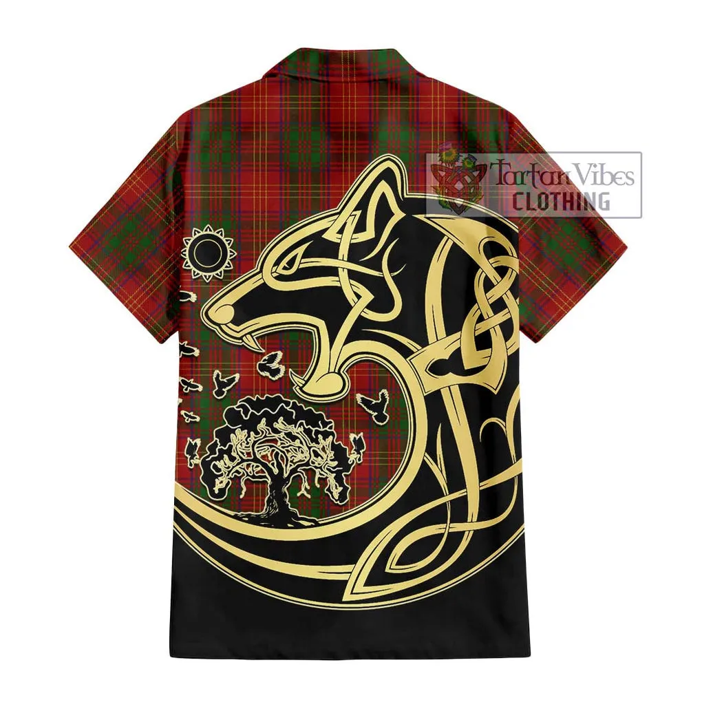 Burns Tartan Short Sleeve Button Shirt with Family Crest Celtic Wolf Style