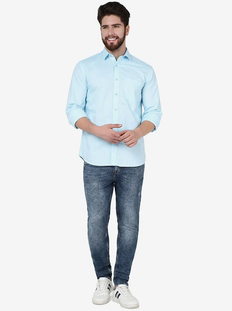 Capri Blue Solid Slim Fit Semi Casual Shirt | JadeBlue