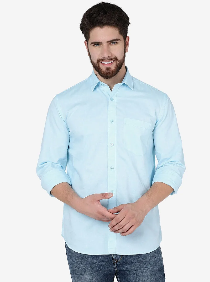 Capri Blue Solid Slim Fit Semi Casual Shirt | JadeBlue