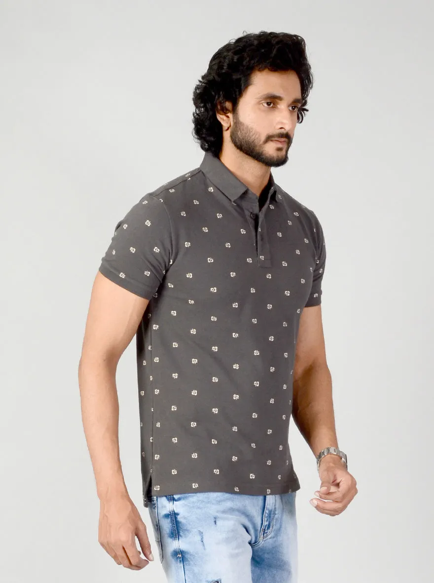 Charcoal Grey Printed Slim Fit Polo T-shirt | JadeBlue