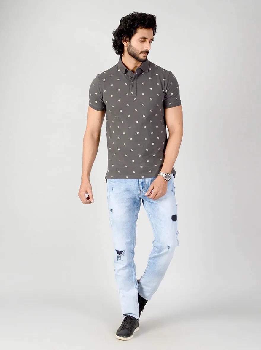 Charcoal Grey Printed Slim Fit Polo T-shirt | JadeBlue